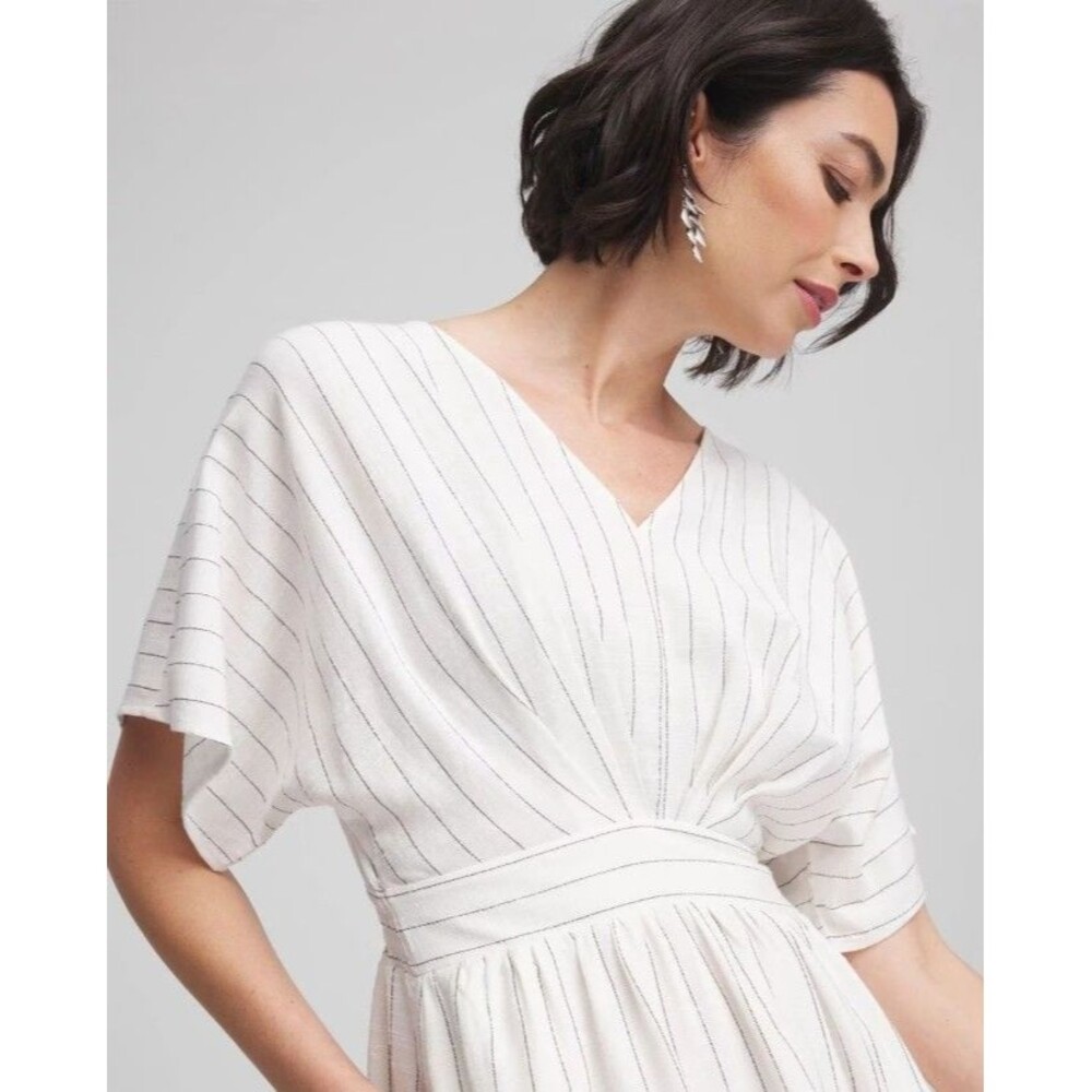 Chico's Metallic Stripe Maxi Dress Size 3 XL NWT White Silver V Neck Pockets - Picture 2 of 4